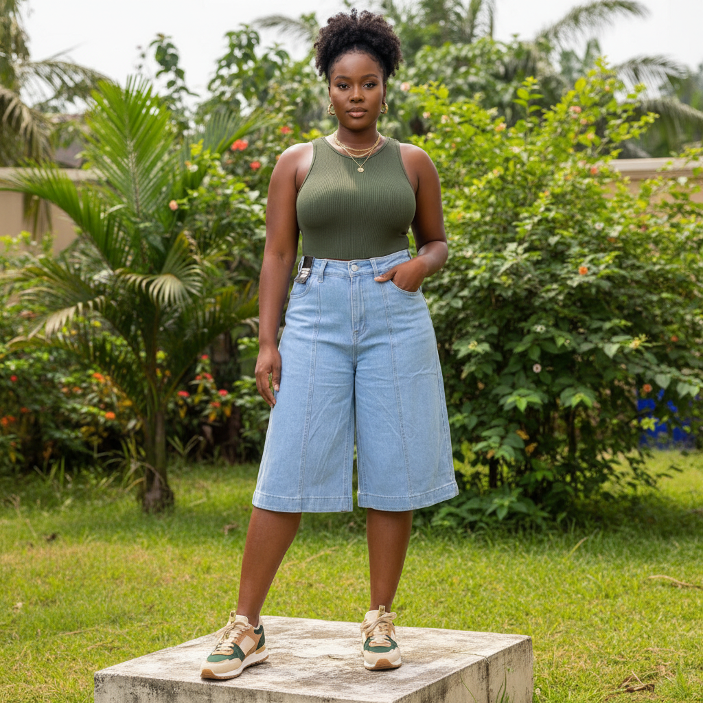 Nigerian female model wearing women's light blue high-waist wide-leg denim bermuda shorts, garden setting