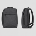 Charcoal grey flap-top backpack shown from the front and side on a plain background