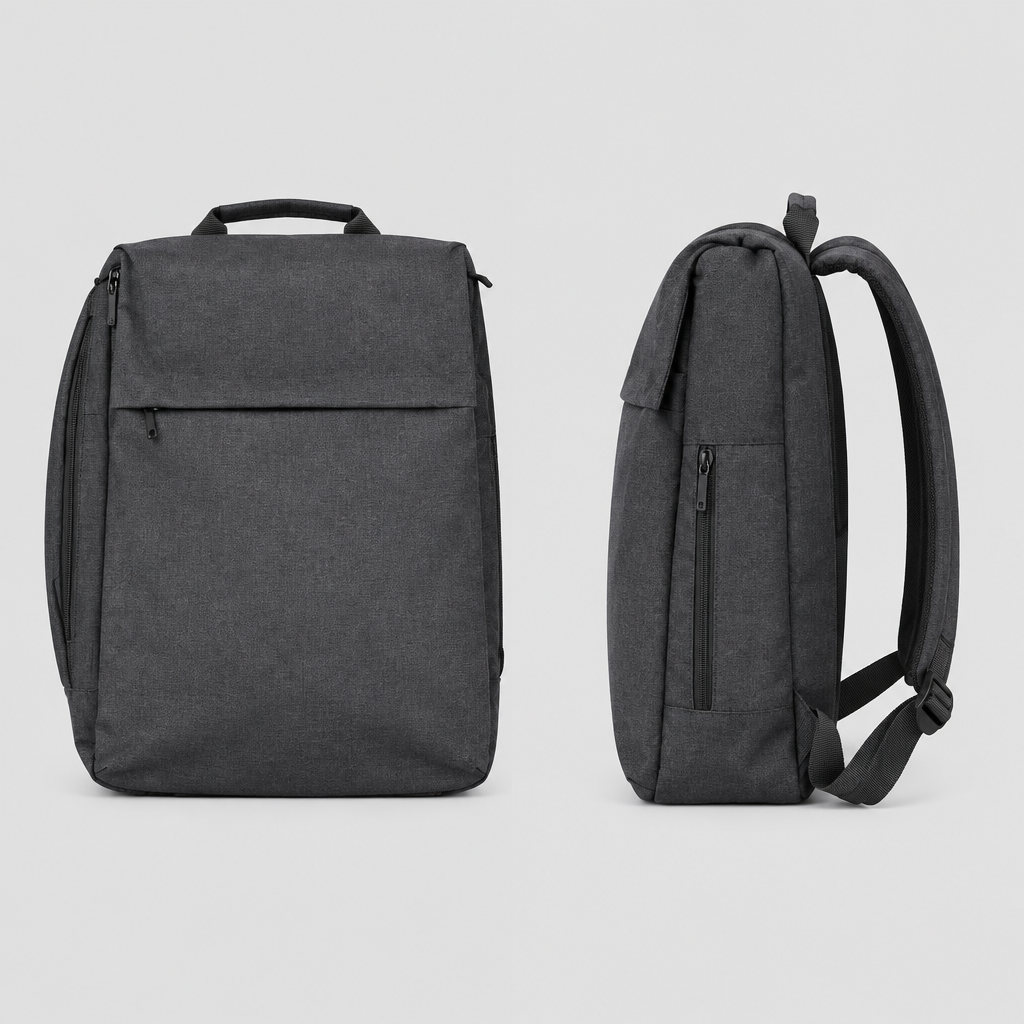 Charcoal grey flap-top backpack shown from the front and side on a plain background