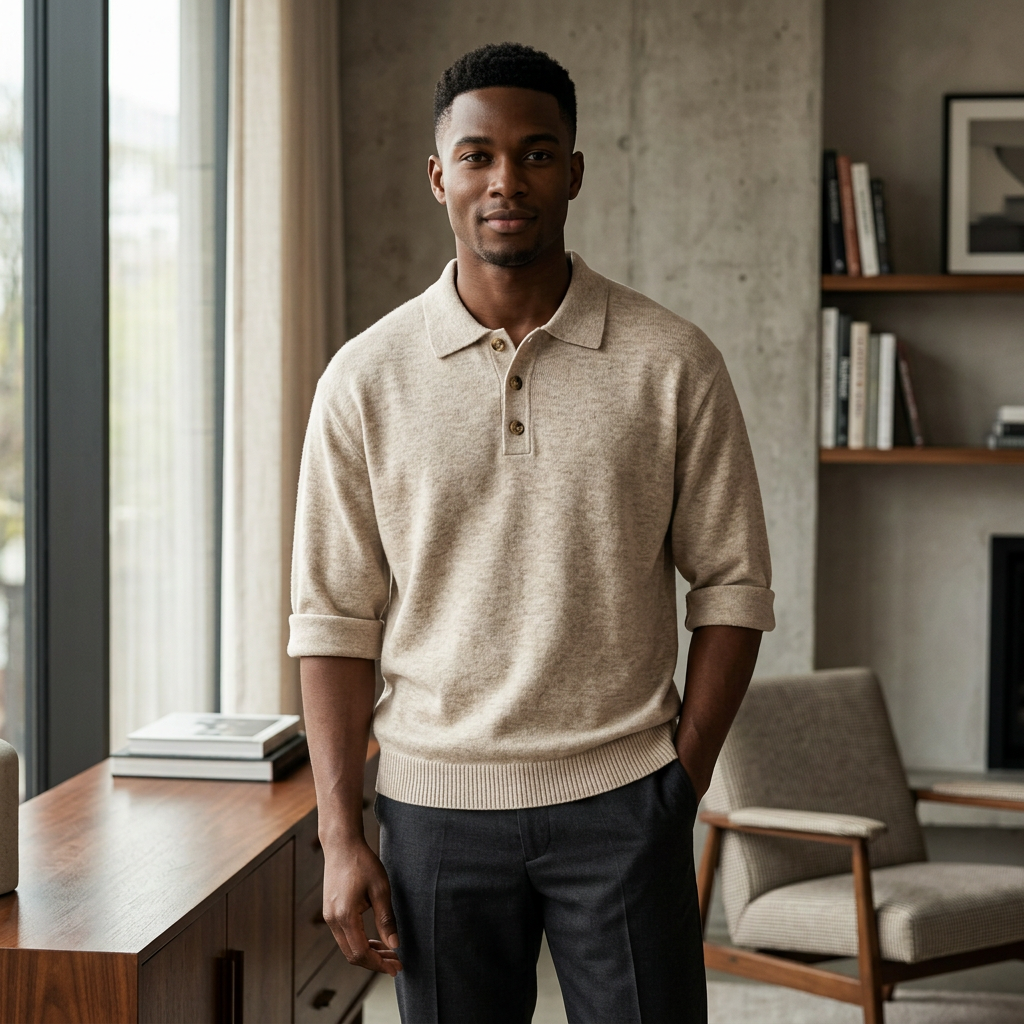 Black male model wearing an oatmeal marl knit polo