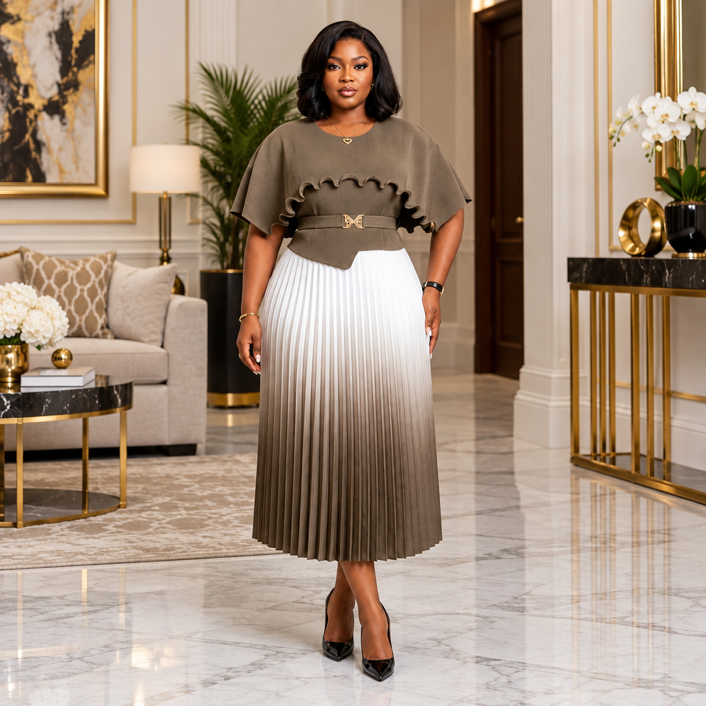 Nigerian woman wearing olive ruffle-bodice pleated dress