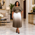 Nigerian woman wearing olive ruffle-bodice pleated dress