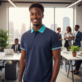 Navy Aqua Collar Striped Cuff Polo Shirt on Nigerian male model