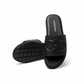 Black pebbled leather Gancini hardware slide sandal ghost mannequin product shot, plain white background