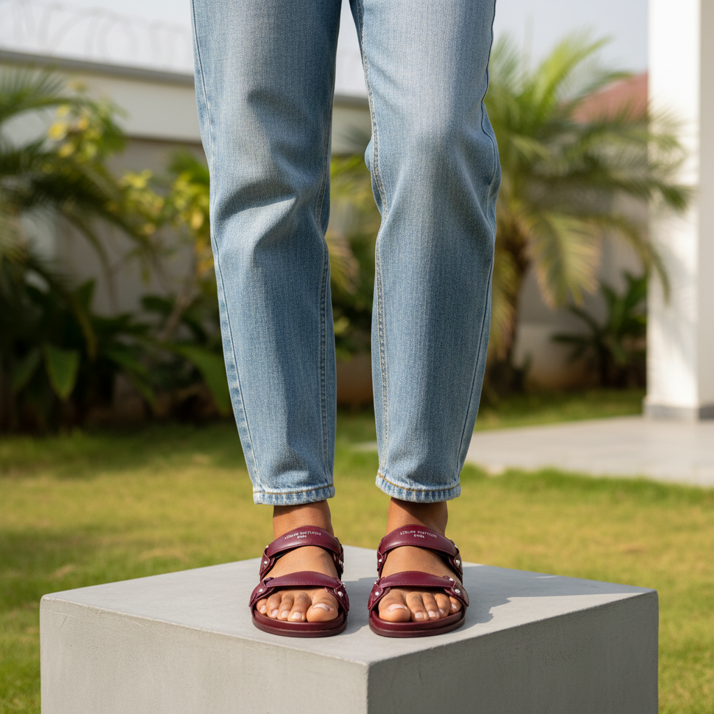 Leg focus shot of Nigerian female model wearing burgundy double-strap flat slide sandals with silver stud accents