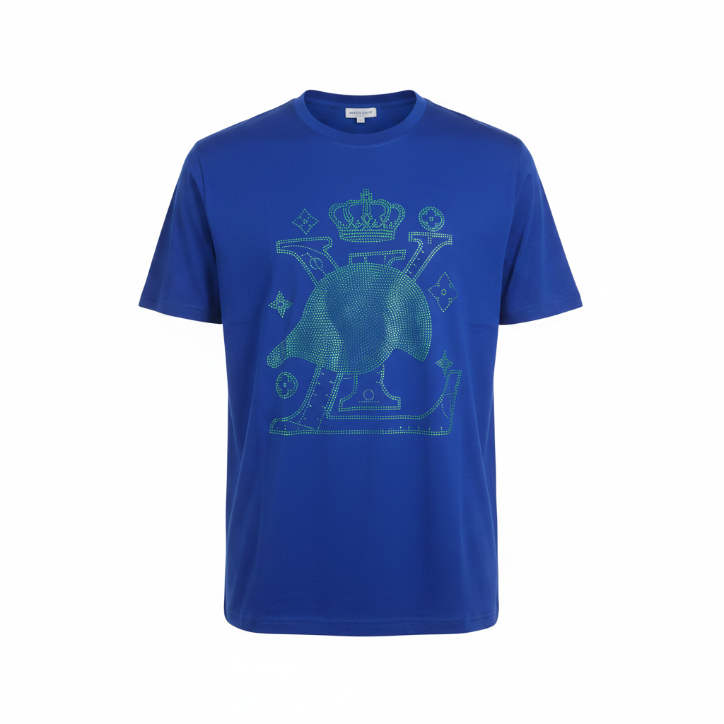 Ghost mannequin front view of royal blue rhinestone crown globe T-shirt