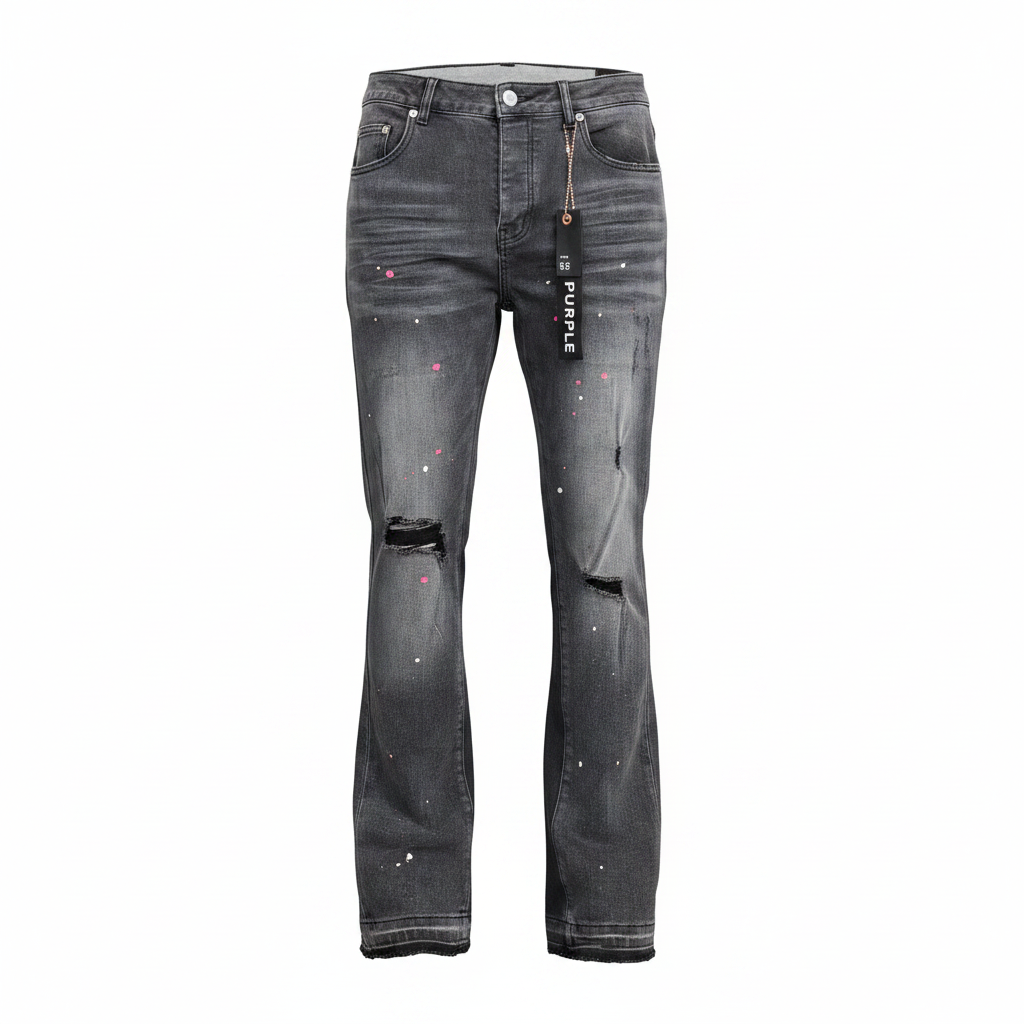 Men's Dark Grey Paint Splatter Flared Denim Jeans – Ghost Mannequin Front View