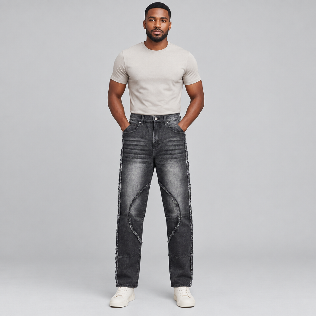 Black Nigerian man wearing charcoal curved-panel straight jeans