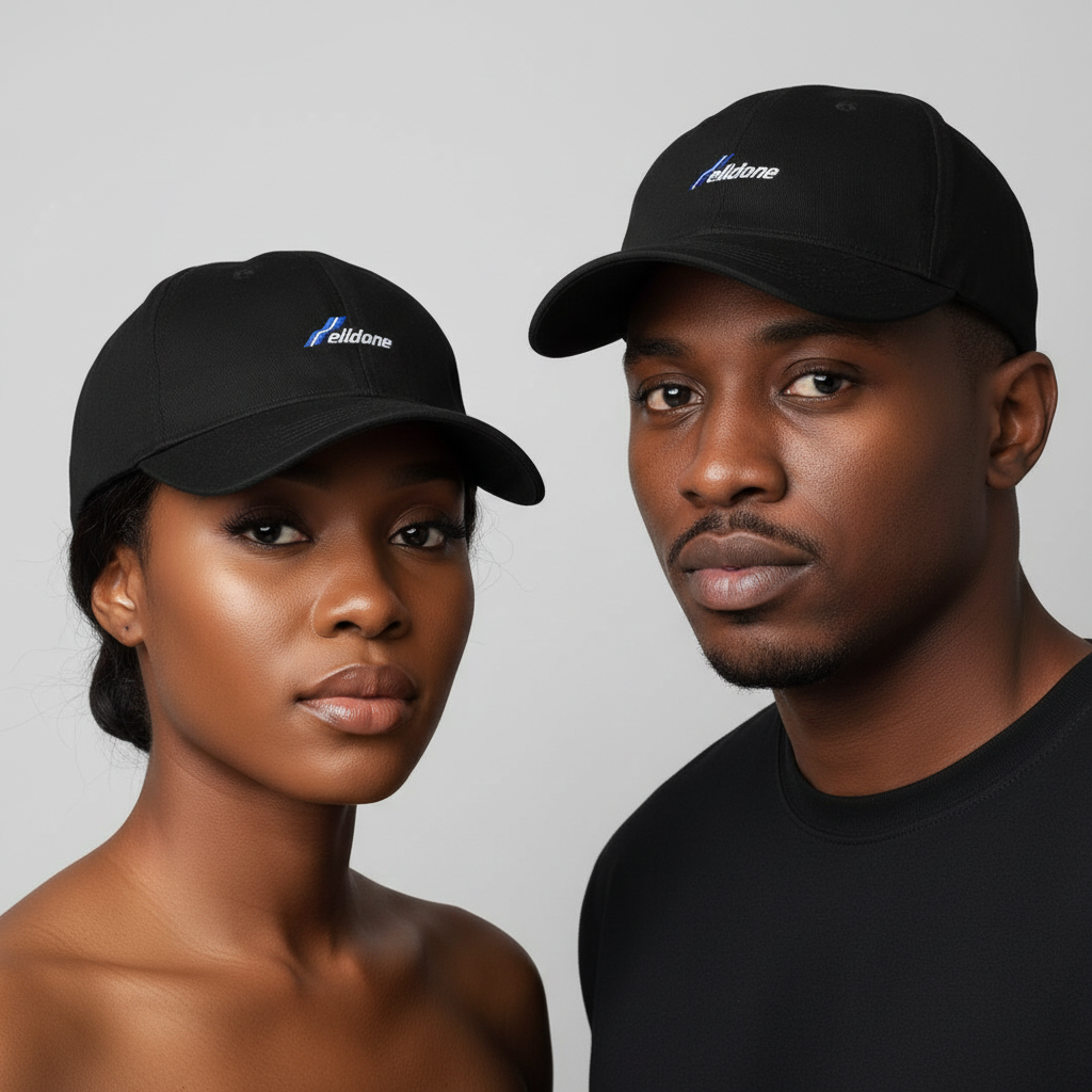 Nigerian male and female models wearing black minimalist script logo dad cap