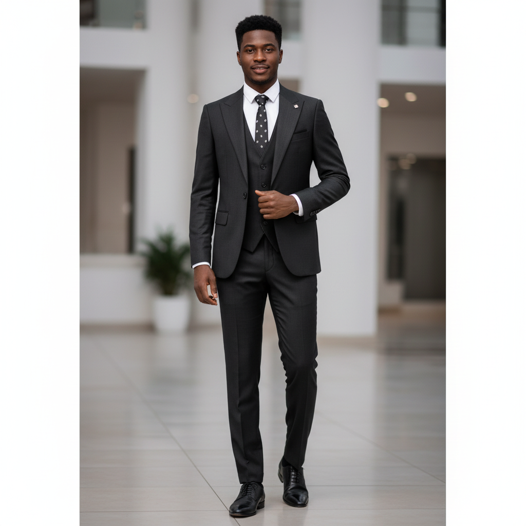 Nigerian male model wearing black charcoal 3-piece suit