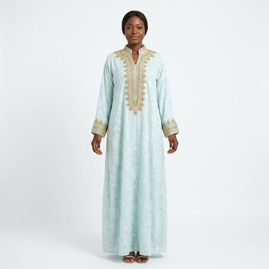 Woman wearing pale mint tonal-pattern abaya with gold-tone neckline and cuffs
