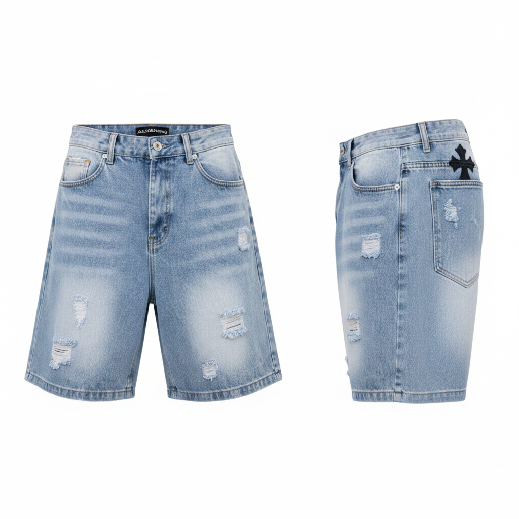 Men's light blue washed distressed denim shorts ghost mannequin front and side view