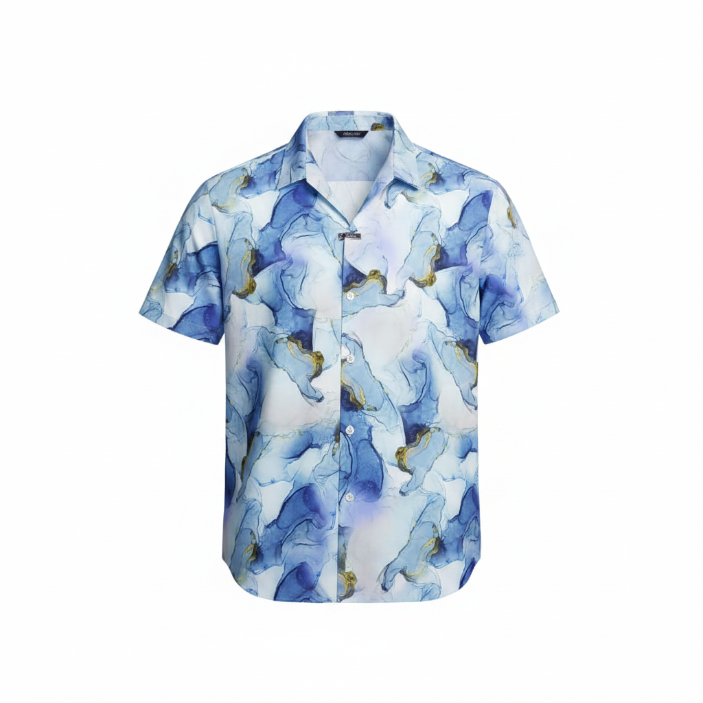 Blue Marble Ink-Wash Print Short-Sleeved Shirt - Ghost Mannequin