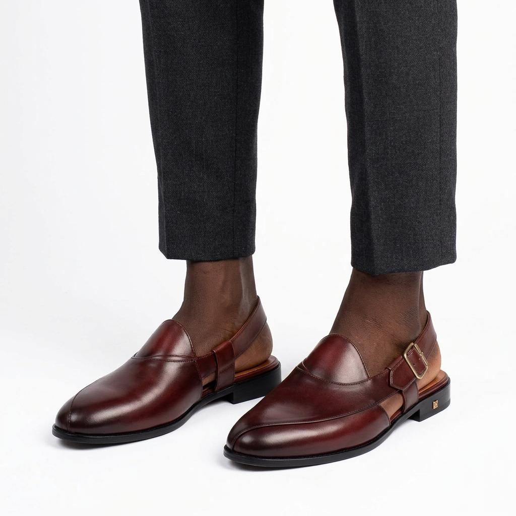 Burgundy-brown slingback shoes worn on both feet with secured back straps