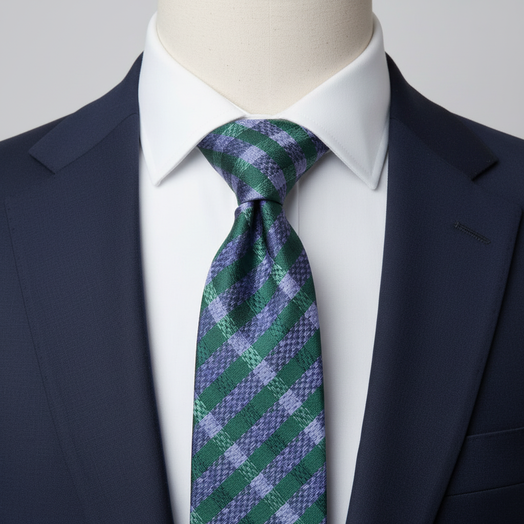 Men's green and navy blue diagonal stripe plaid woven necktie styled on white dress shirt and navy suit