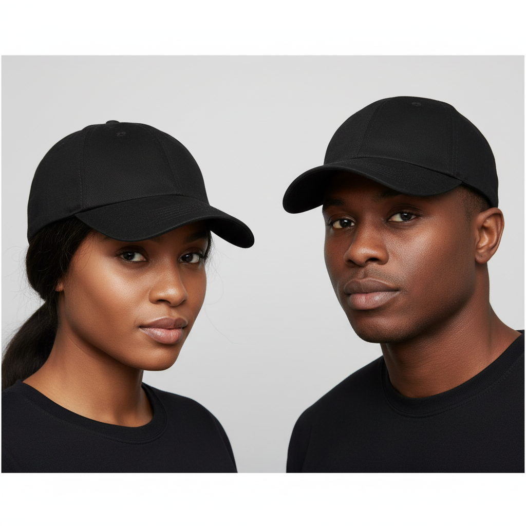 Nigerian male and female models wearing plain black cotton baseball cap