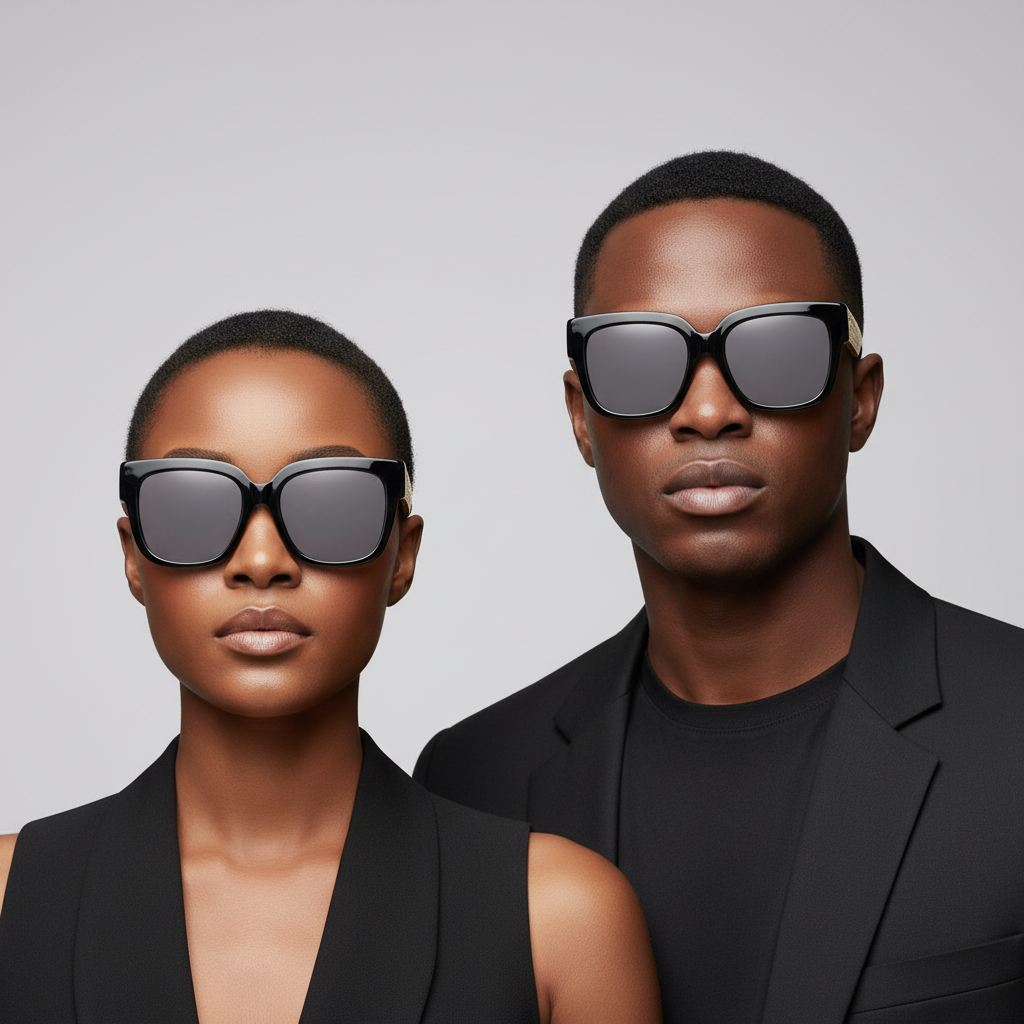 Nigerian female and male models wearing black gold lattice square sunglasses – editorial medium shot professional grey background