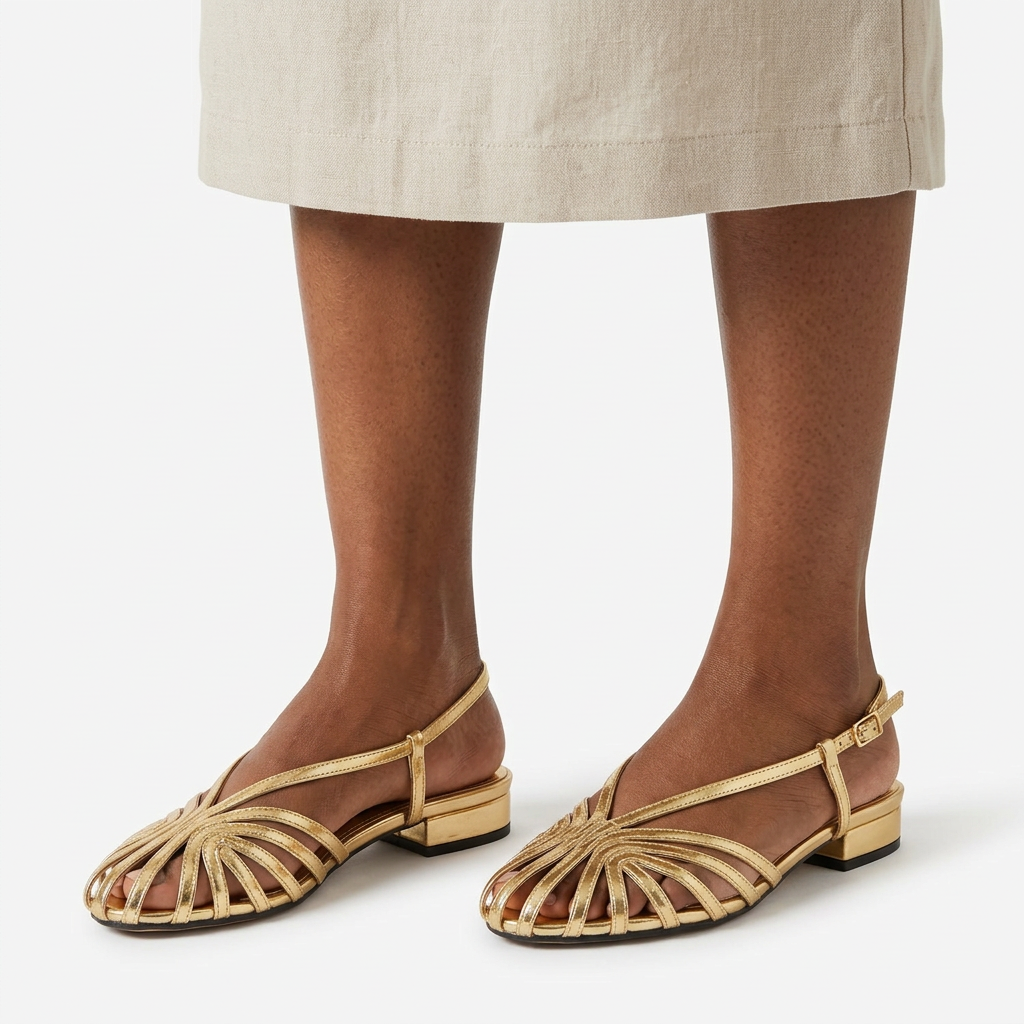 Model wearing gold fan-strap cage slingback low-heel shoes