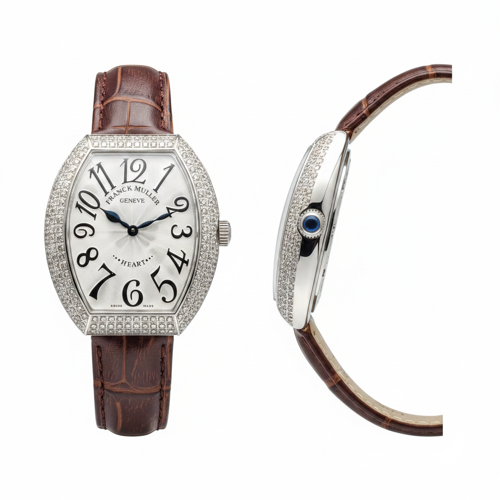 Women's silver diamond bezel tonneau watch — ghost mannequin front and side view, brown leather strap
