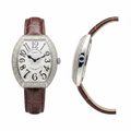 Women's silver diamond bezel tonneau watch — ghost mannequin front and side view, brown leather strap
