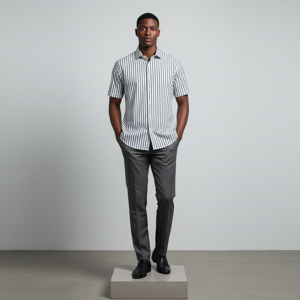 Nigerian male model wearing white charcoal bold stripe short-sleeved shirt, front view