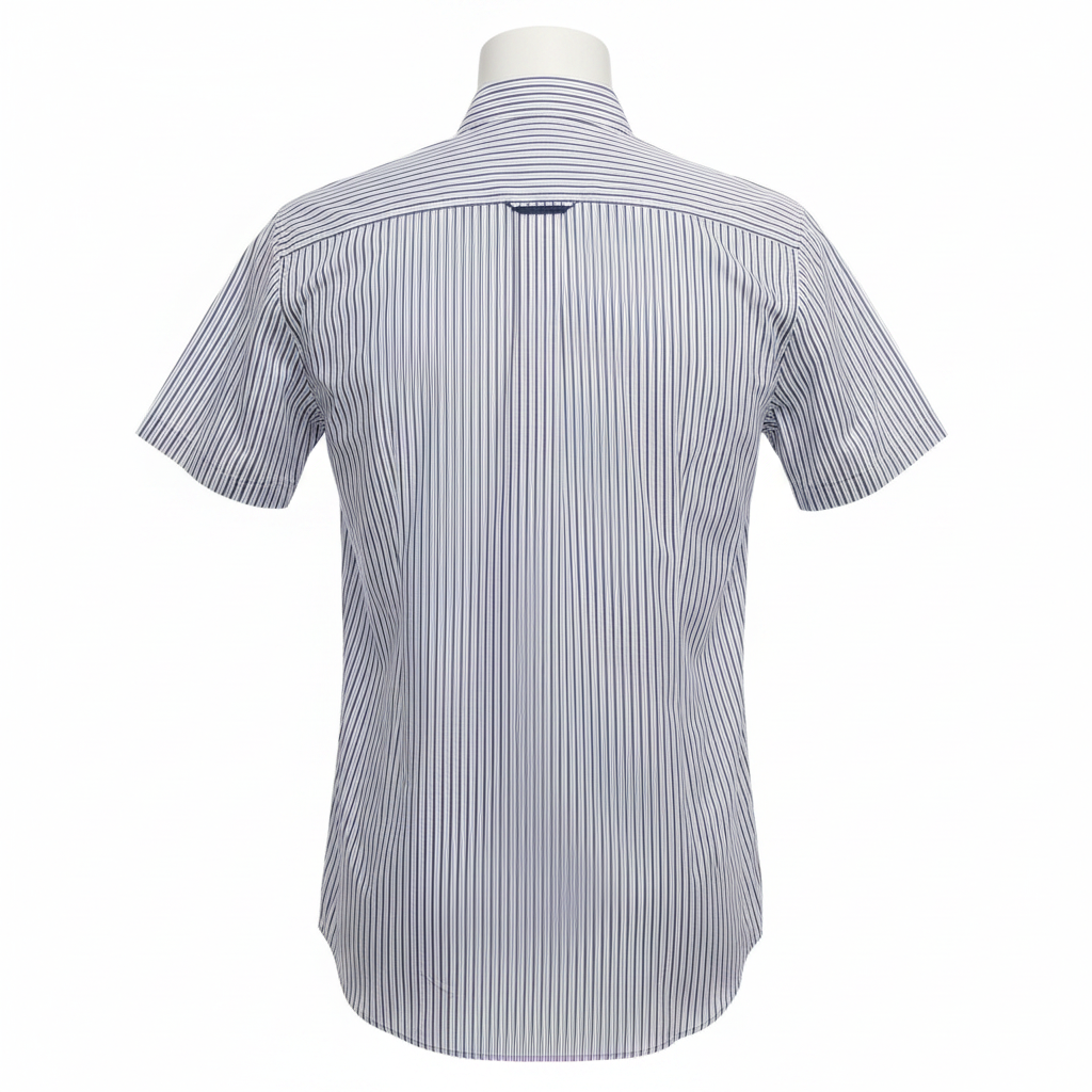 Ghost mannequin back view of white navy pinstripe short-sleeved shirt
