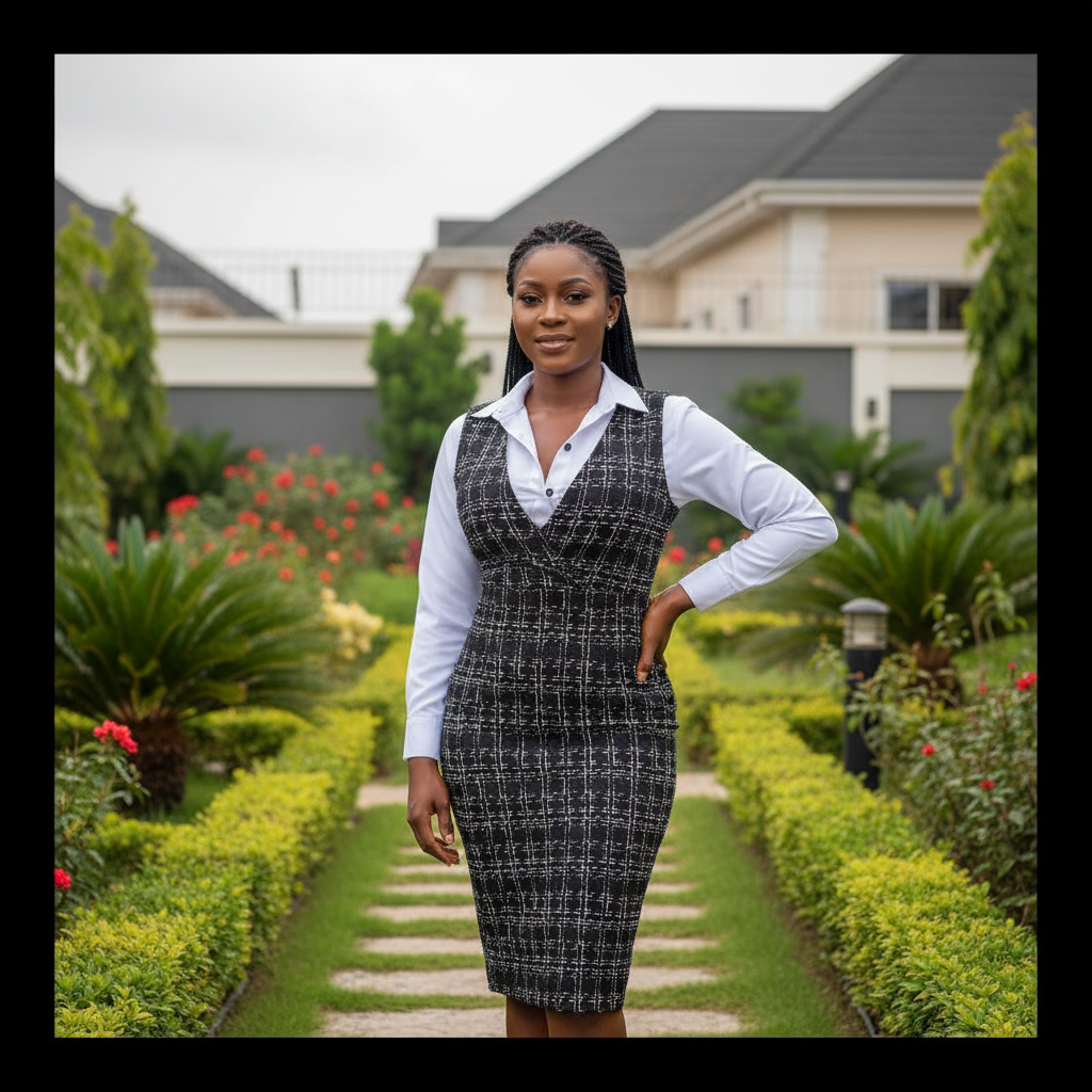 Nigerian female model wearing women's black tweed grid two-piece office dress set