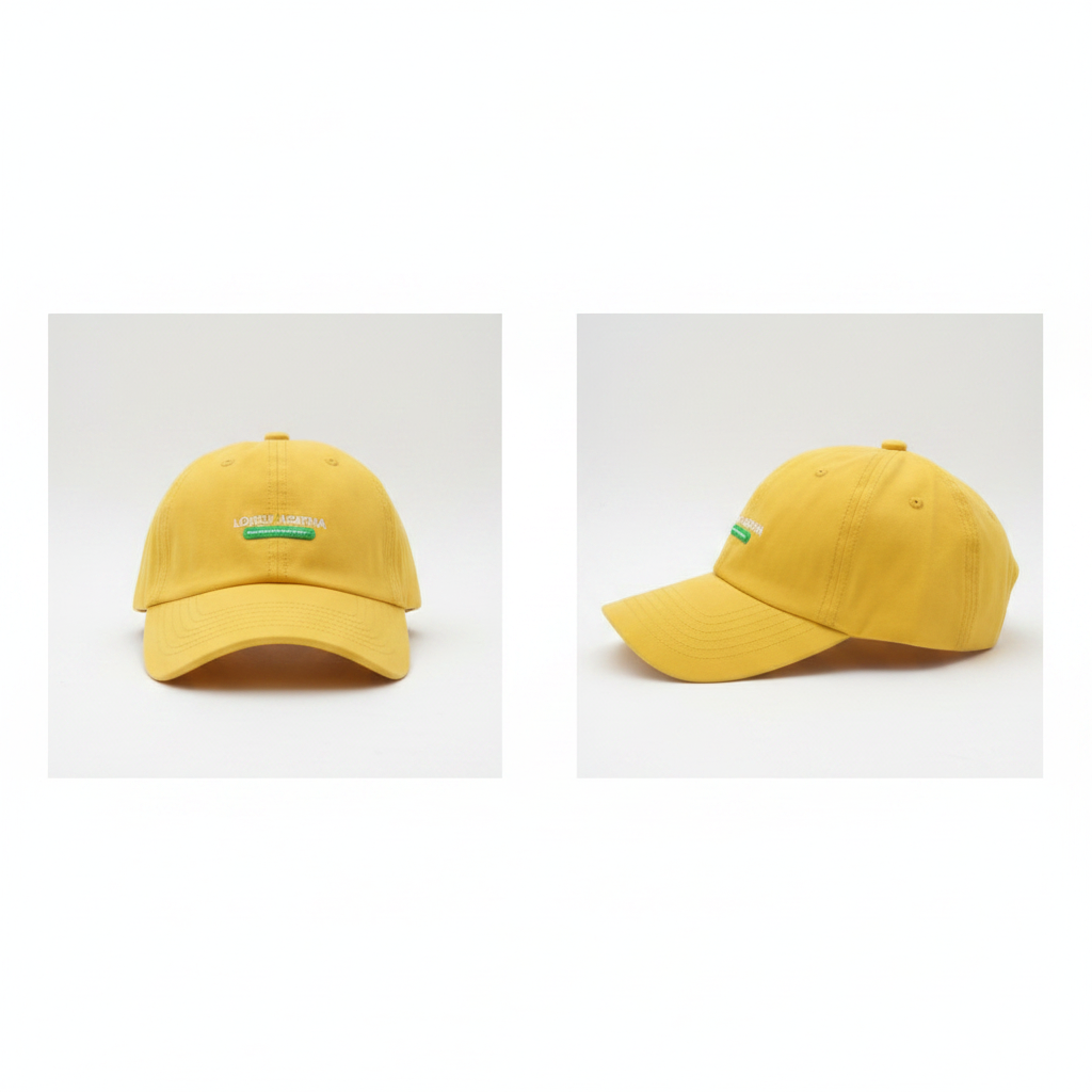 Bright yellow Lovely Agatha embroidered dad cap – ghost mannequin front and side view