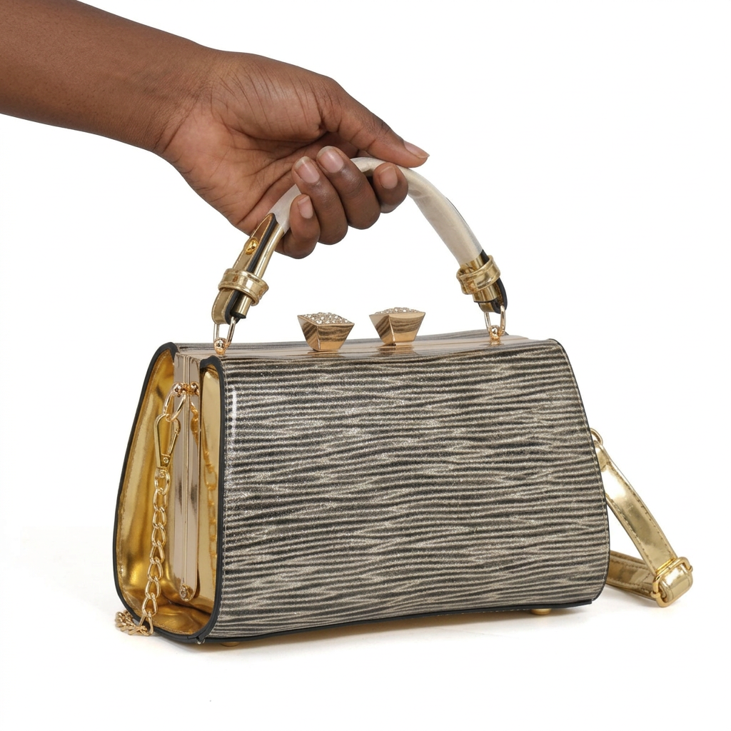 Black woman’s hand holding a silver and gold-tone ribbed frame handbag