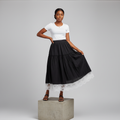 Black Gathered Midi Skirt with Lace Hem - Model Shot