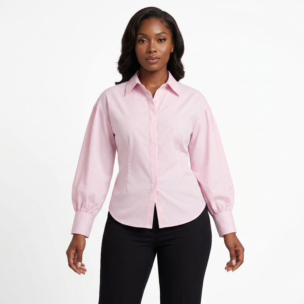 Black female model wearing a soft pink bishop-sleeve collared blouse on white