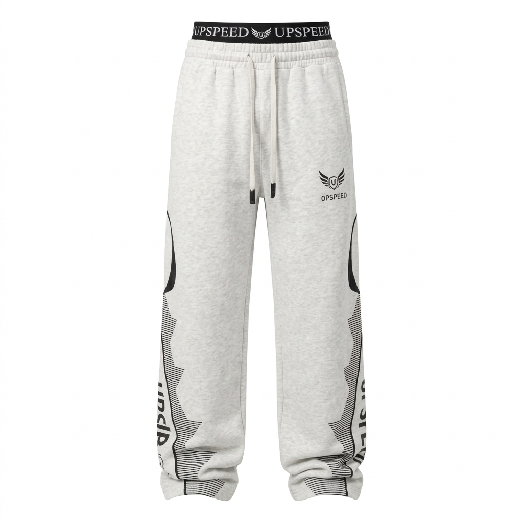 Light-grey graphic wide-leg drawstring trousers front view