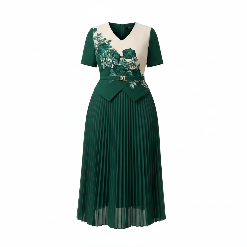 Emerald green and cream pleated midi gown with floral appliqué bodice, ghost mannequin view