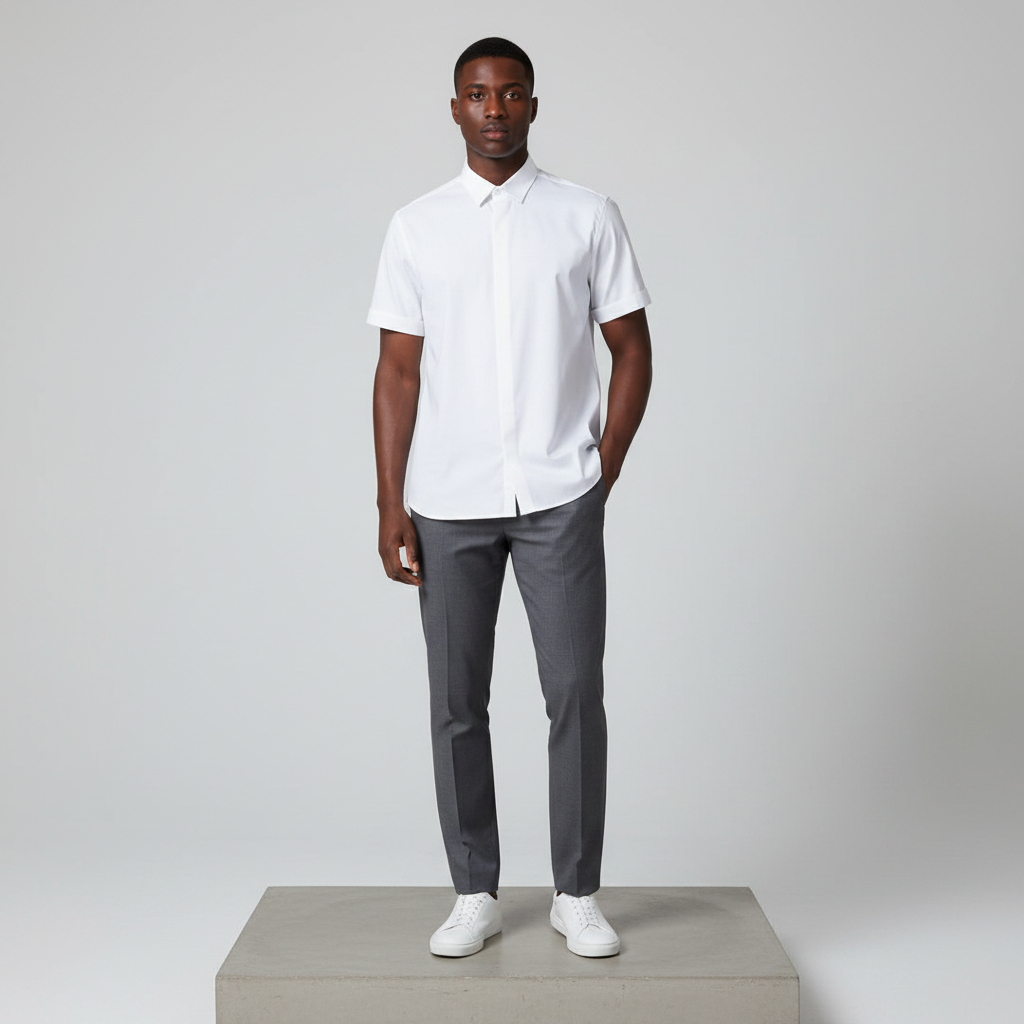 Nigerian male model wearing plain white short-sleeved shirt