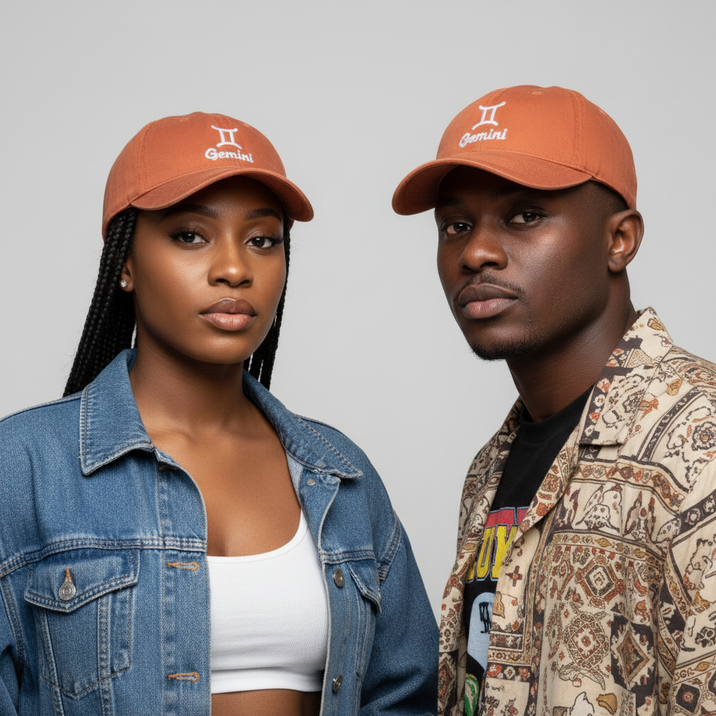 Nigerian male and female models wearing Gemini zodiac terracotta orange dad cap
