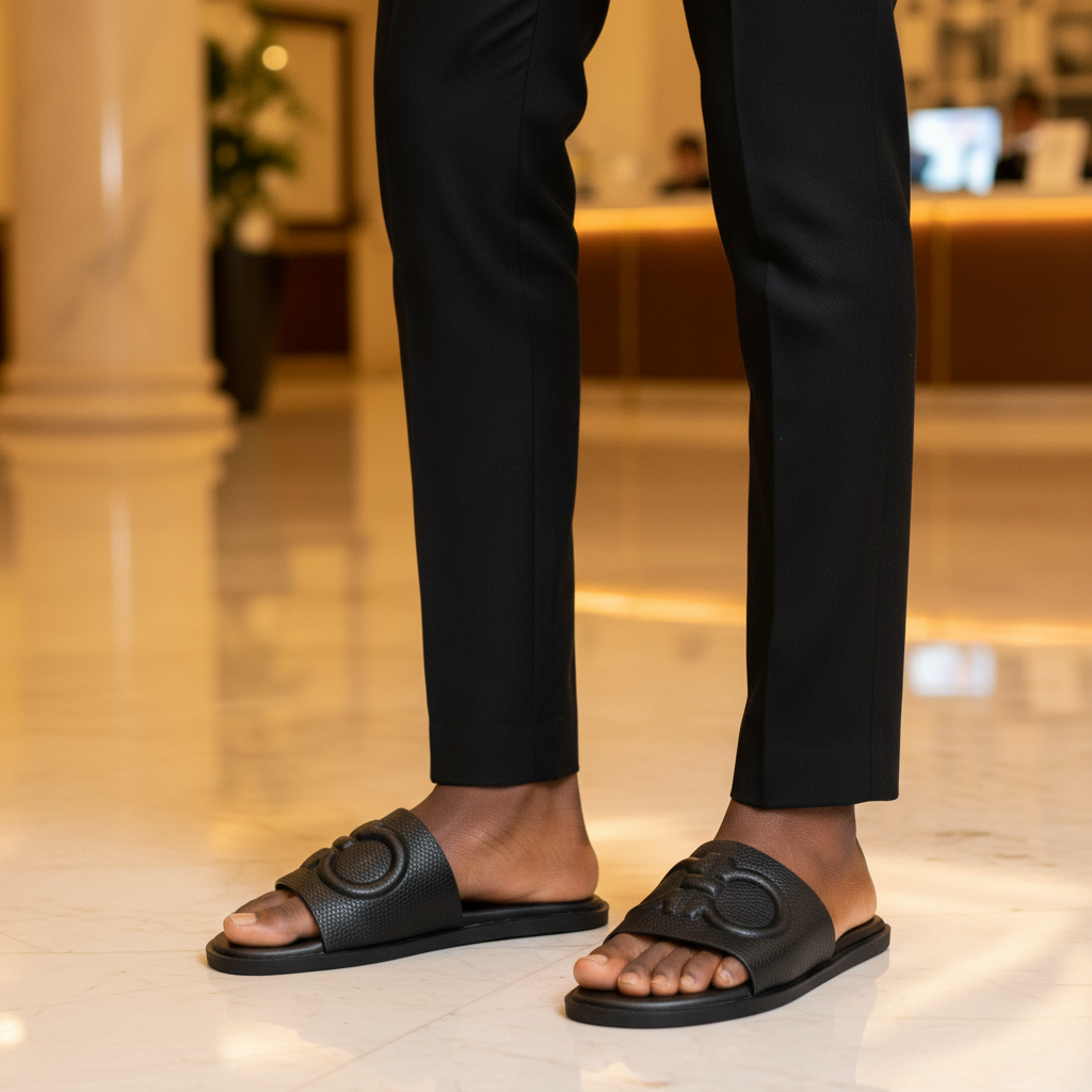 Nigerian male model wearing black pebbled leather Gancini hardware slide sandals, tight zoomed-in Italian luxury leg focus lifestyle shot