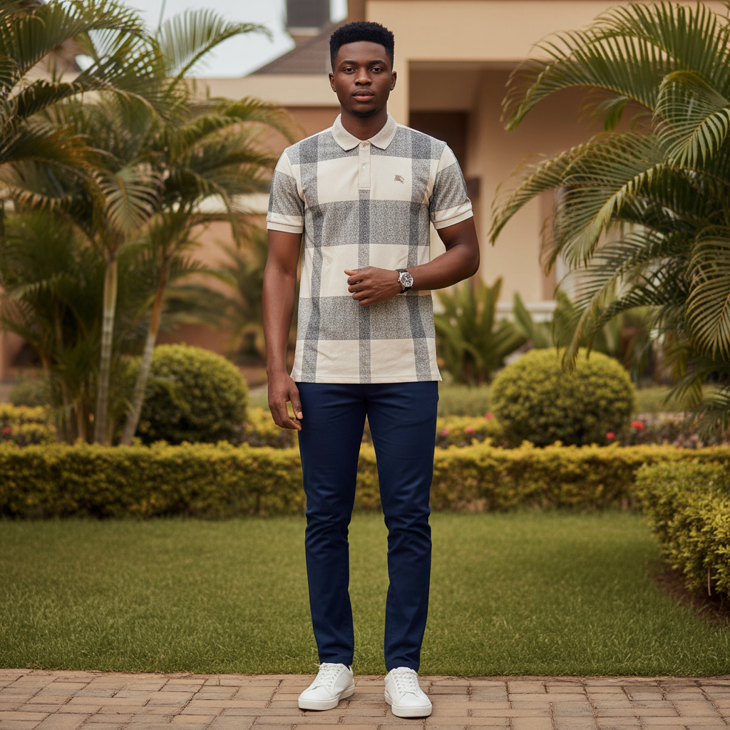 Nigerian male model wearing cream and grey large-scale check plaid polo shirt