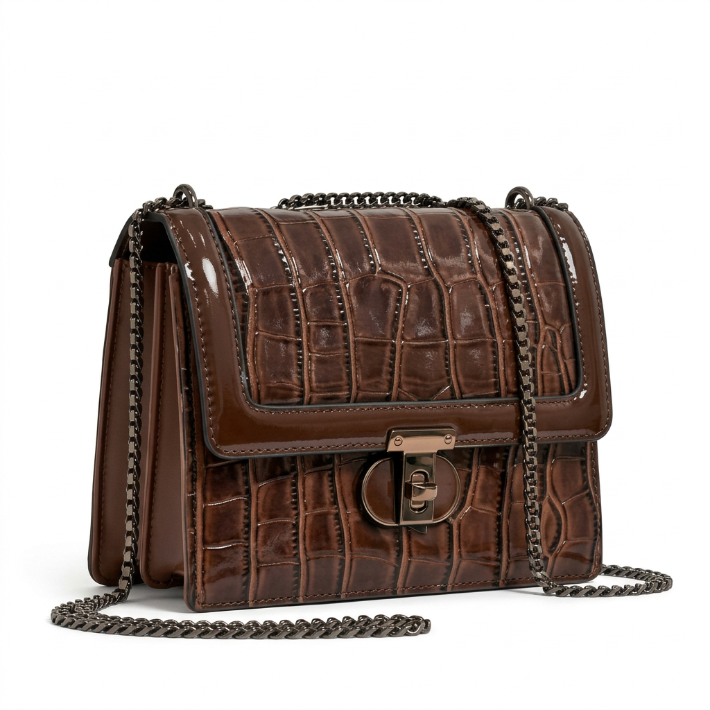 Chocolate-brown croc-effect chain-strap flap bag on white