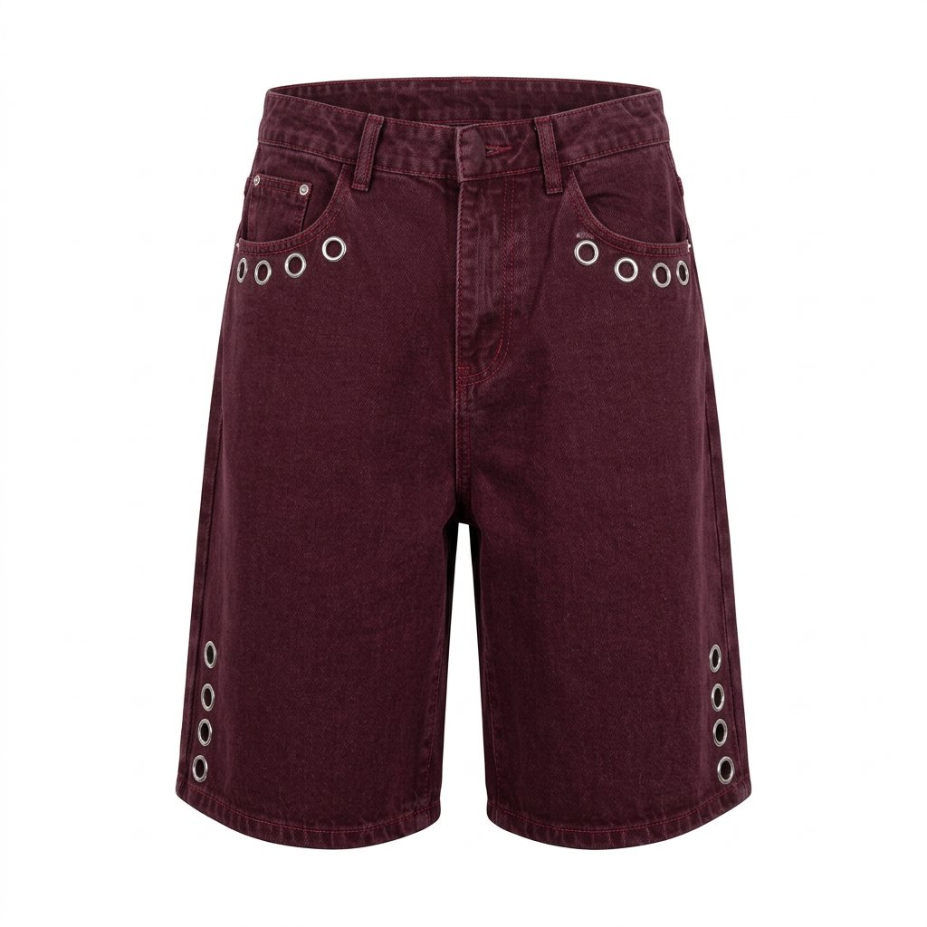 Washed burgundy denim shorts with silver-tone eyelets in a dimensional ghost view on white