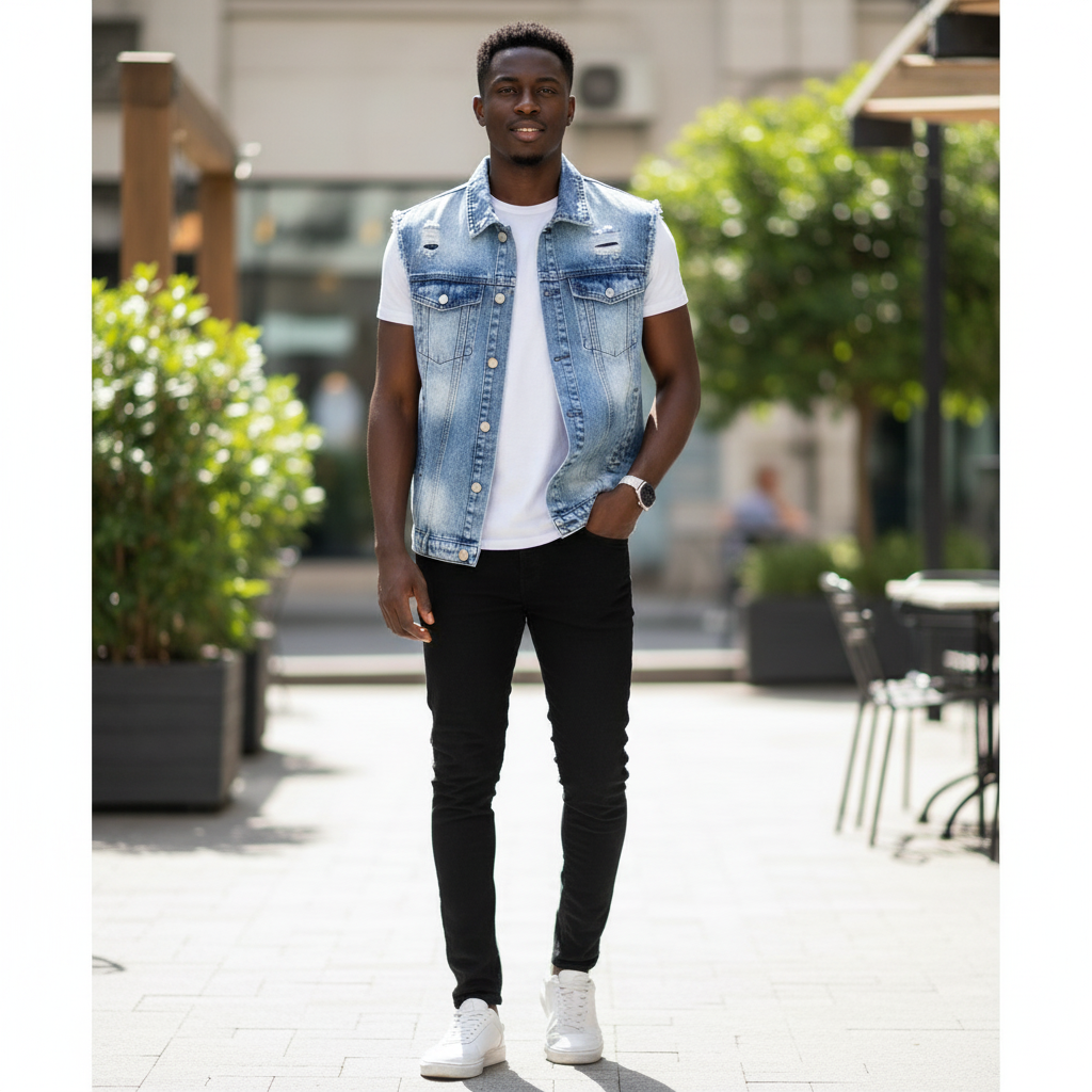 Nigerian model wearing Light Blue Acid-Washed Distressed Denim Vest