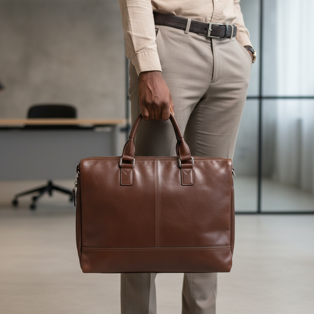 Brown leather laptop tote carried by Black Nigerian professional in office setting
