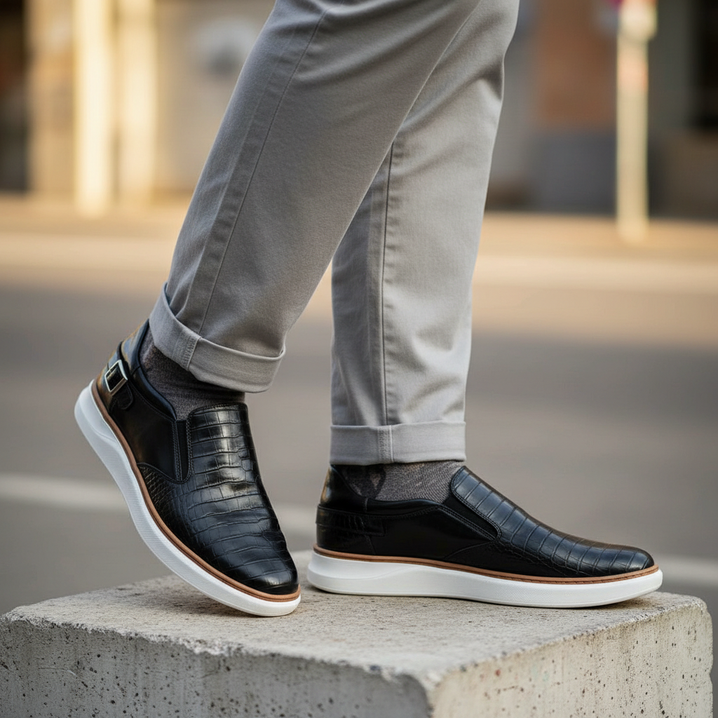 Model wearing black croc-embossed leather slip-on sneakers with buckle detail leg shot