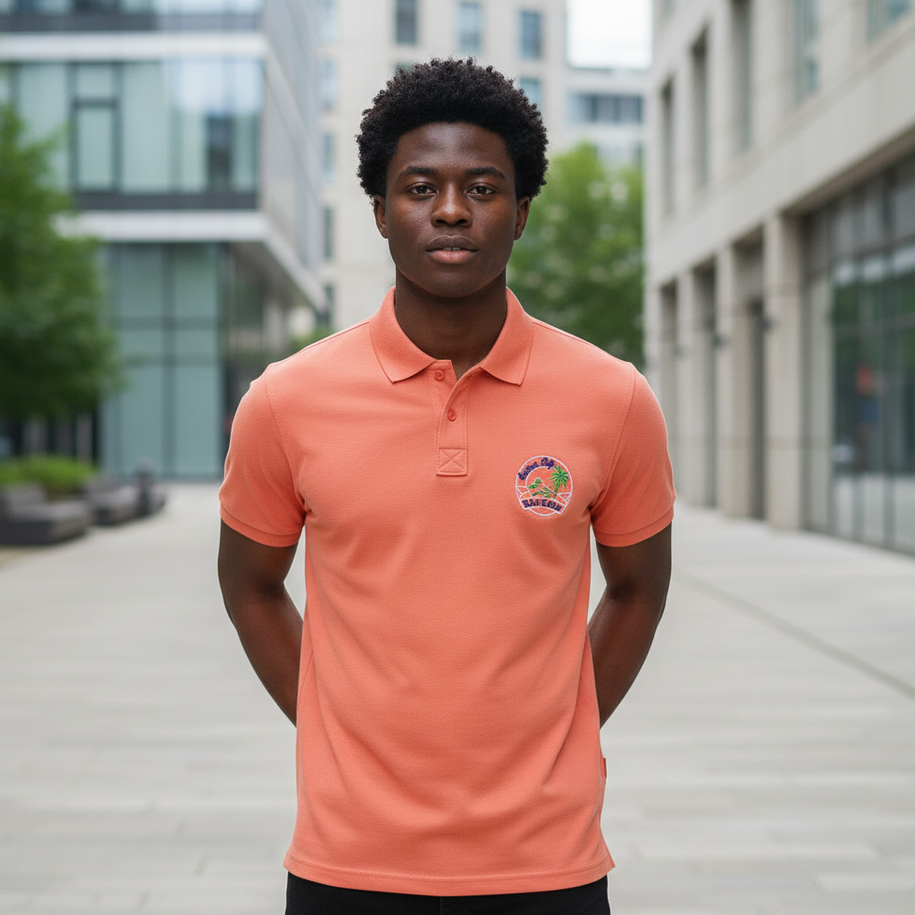 Young Nigerian male model wearing coral polo shirt with tropical island embroidered badge