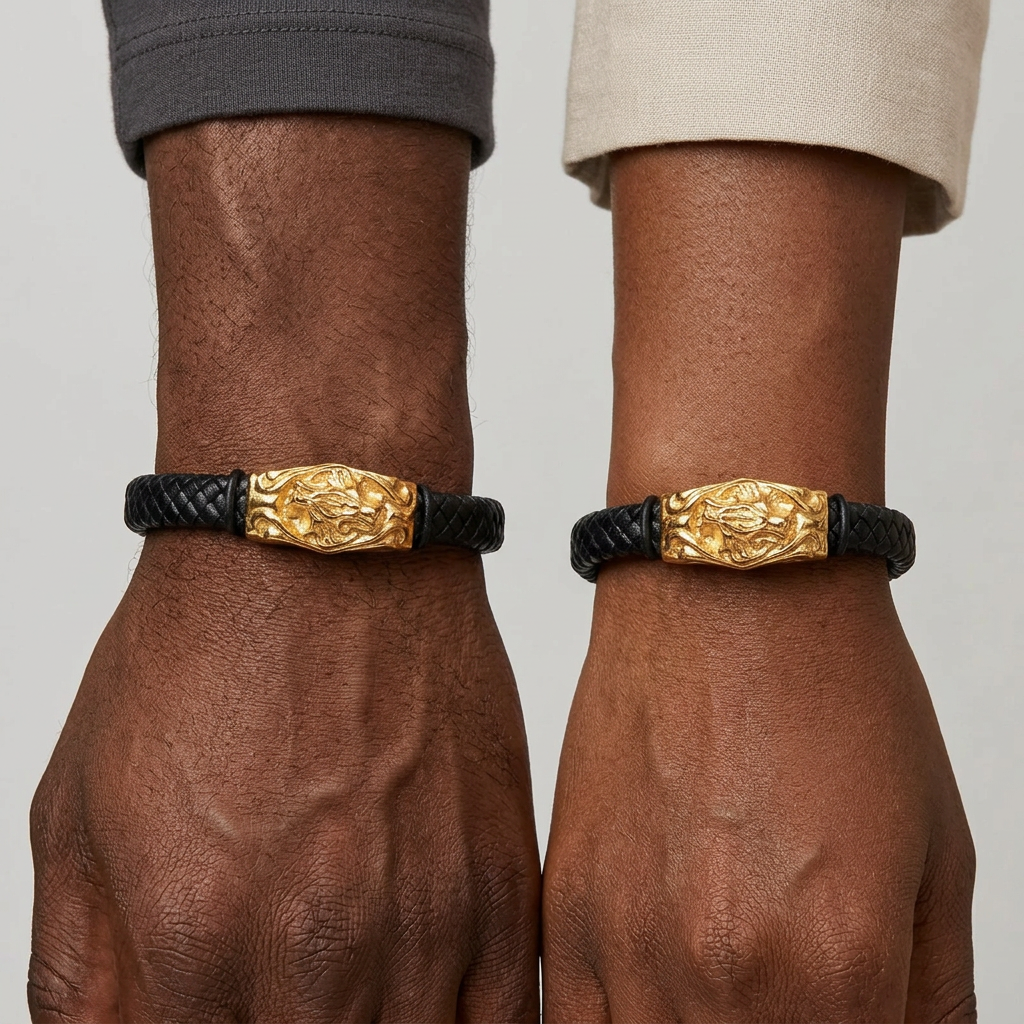 Black braided gold-tone detail bracelet styled on male and female wrists