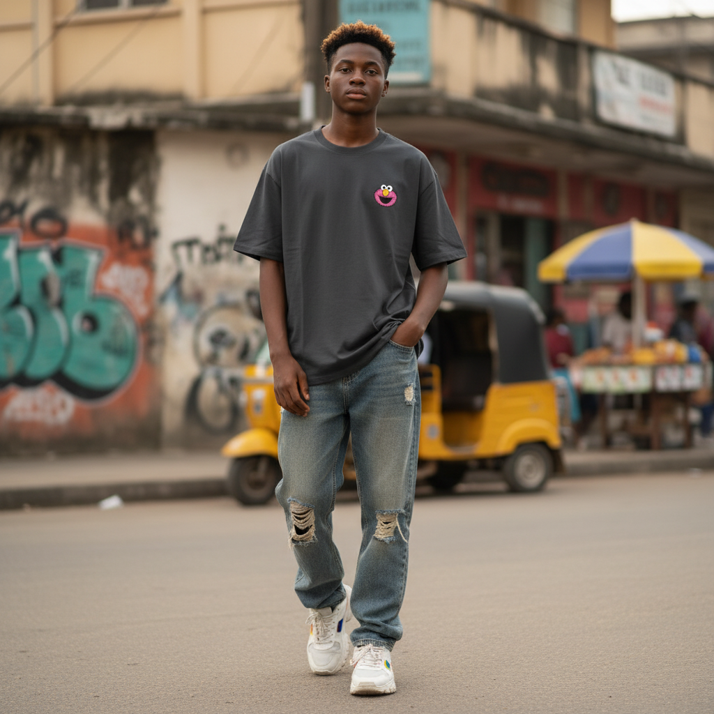 Young Nigerian teen wearing black Elmo Sesame Street graphic oversized tee
