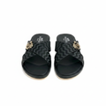 Men's black wave ripple embossed leather cross-strap slide sandals with gold crest shield badge, tan leather outsole, ghost mannequin pair view on white background