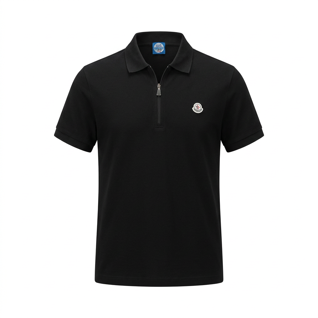Black emblem-detail zip-neck polo on white background