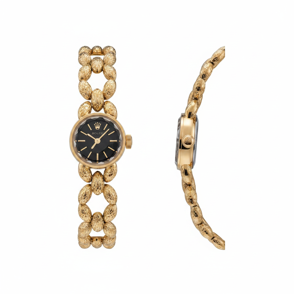 Women's gold chunky chain bracelet black dial wristwatch — ghost mannequin front and side view