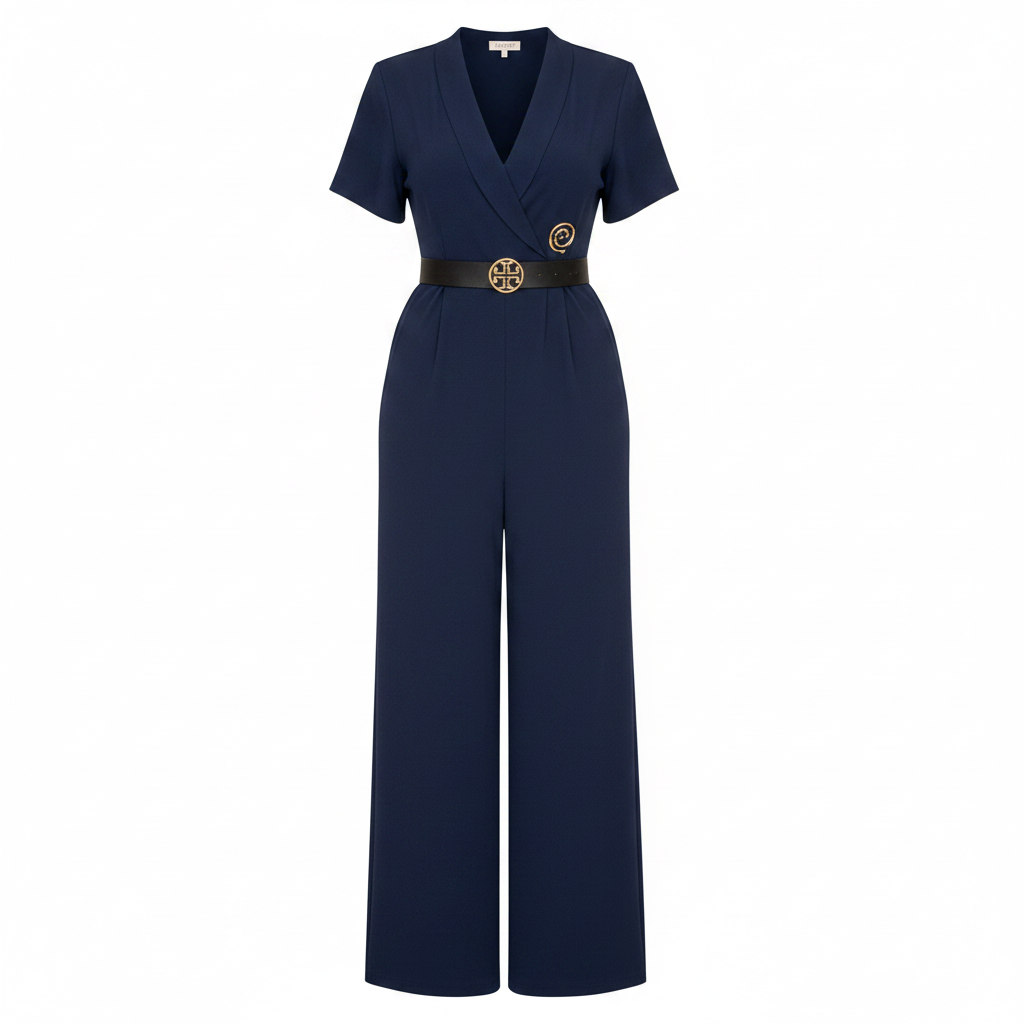 Women's short-sleeve V-neck belted wide-leg jumpsuit in navy blue – ghost mannequin front view