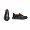 Black matte leather slip-on loafers ghost mannequin front and side view